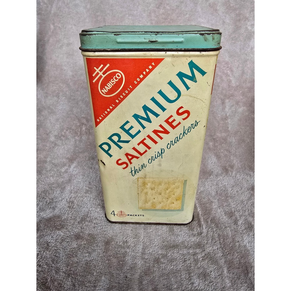 Vintage Nabisco Premium Saltines Cracker Tin Metal Advertising Box Teal Red